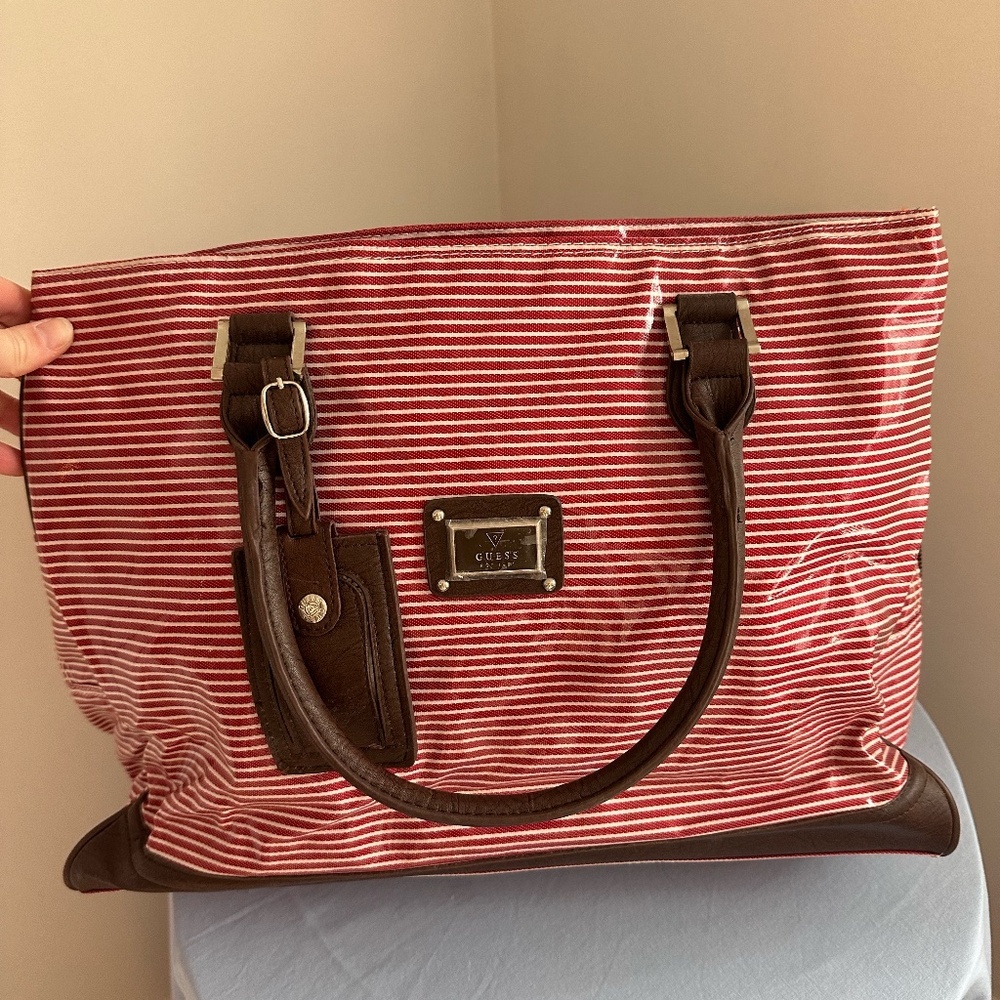 Guess Red and White Striped Water Repellant Tote Bag Rain Bag